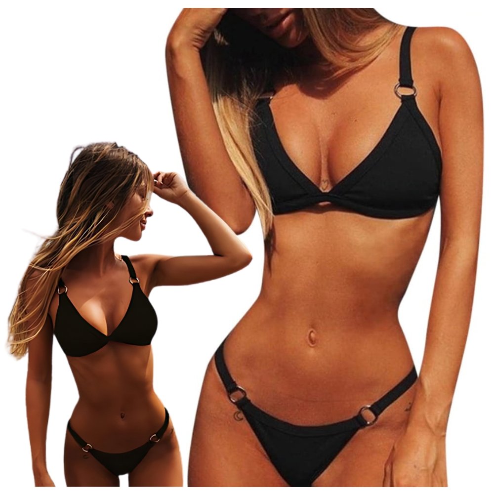 STRÓJ DWUCZĘŚCIOWY SEXY BIKINI KOSTIUM KĄPIELOWY CZARNY NA BASEN PLAŻĘ LATO L