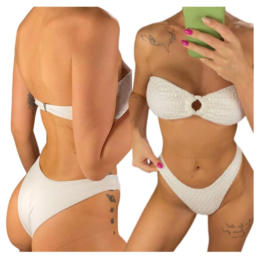 KOSTIUM KĄPIELOWY DWUCZĘŚCIOWY RING BANDEAU BIAŁY BIKINI DO OPALANIA BASEN L