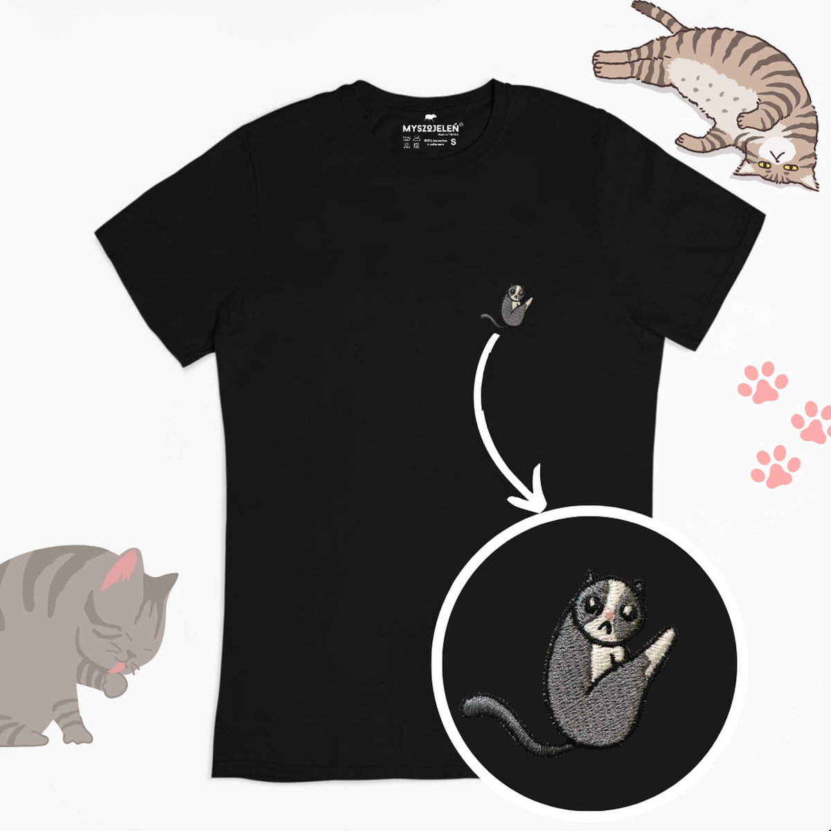 Haftowany T-shirt KOTEK W KĄPIELI czarny M