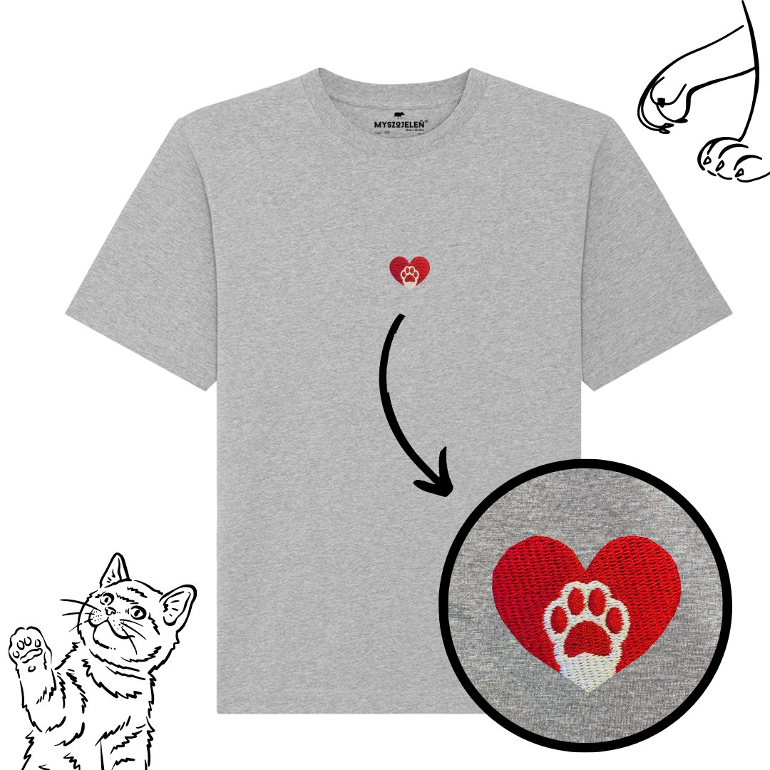 Haftowany T-shirt KOCIA ŁAPKA szary S