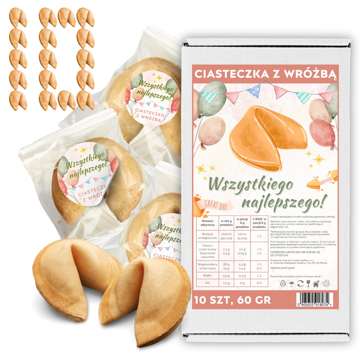 Ciasteczka z Wróżbą Wszystkiego Najlepszego Chińskie Ciasteczka 10 szt