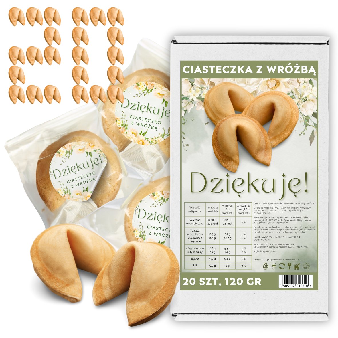 Chińskie Ciasteczka z wróżbą Dziękuję dla gości Ciasteczka Szczęścia 20 szt