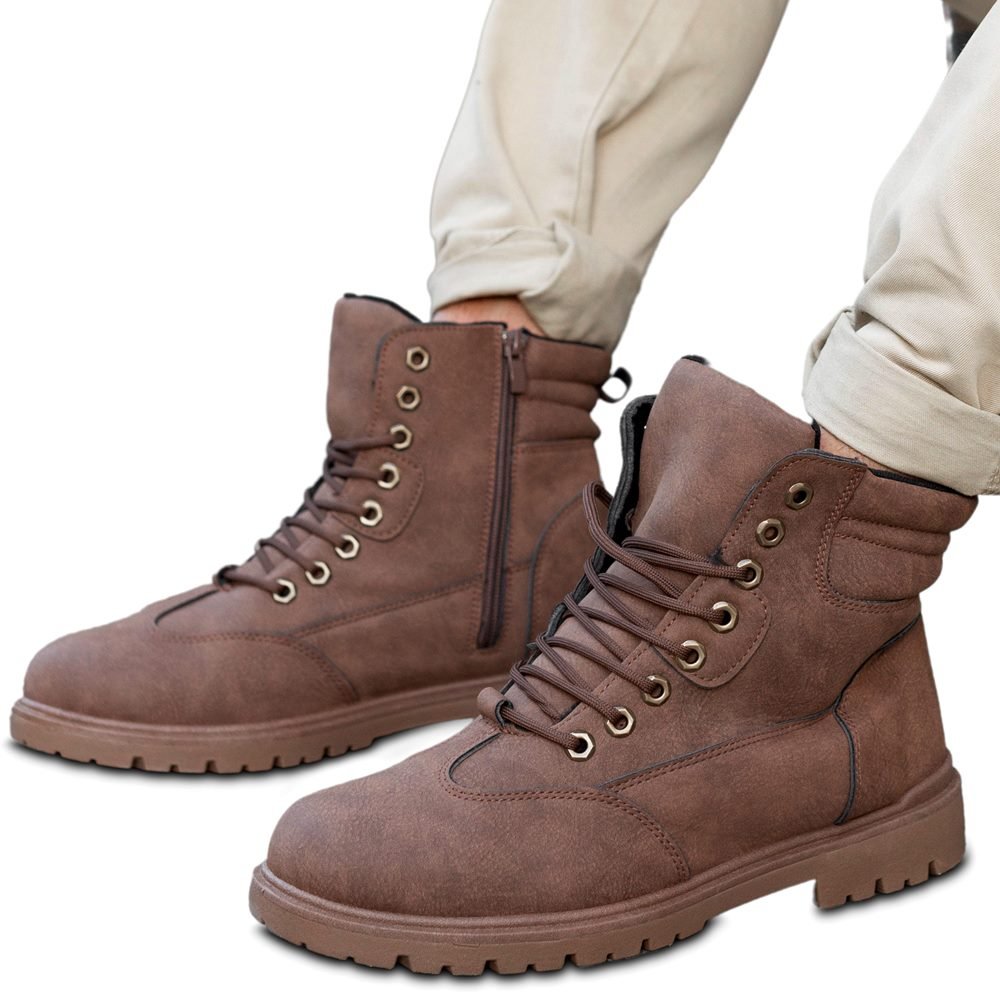 Buty Wygodne Sznurowane Na Zamek Nie Ocieplane Modne Stylowe Męskie Trapery Wysokie NU6975B-9 BROWN 42