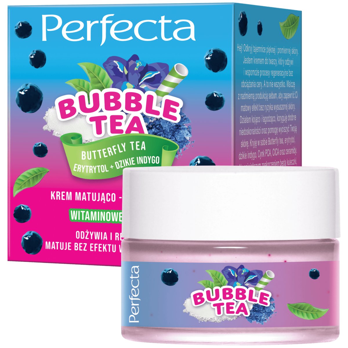 Perfecta Bubble Tea Krem do twarzy matująco-regenerujący Butterfly Tea, Erytrytol + Dzikie Indygo