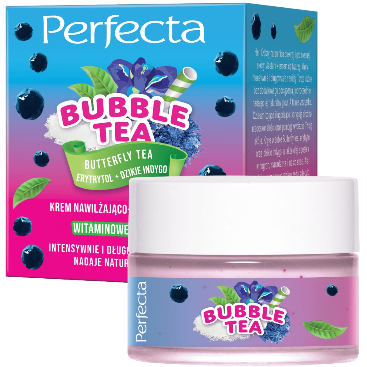 Perfecta Bubble Tea Krem do twarzy nawilżająco-rozświetlający Butterfly Tea, Erytrytol + Dzikie Indygo
