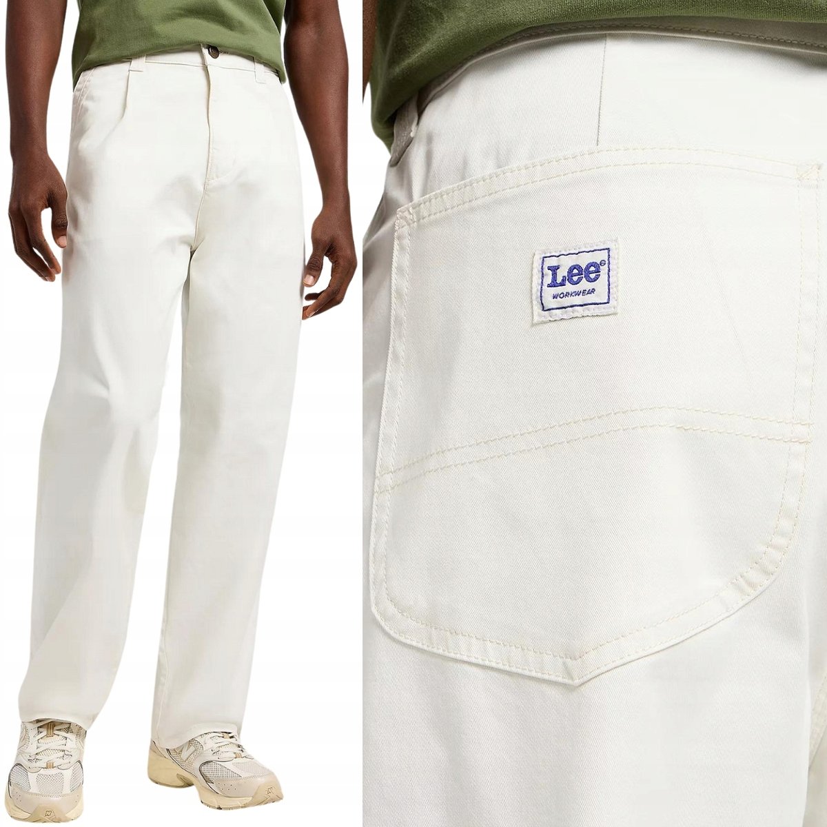 Lee WORKWEAR CHINO LOOSE Ecru BARDZO LUŹNE BIAŁE BAWEŁNIANE CHINOSY W32 L32