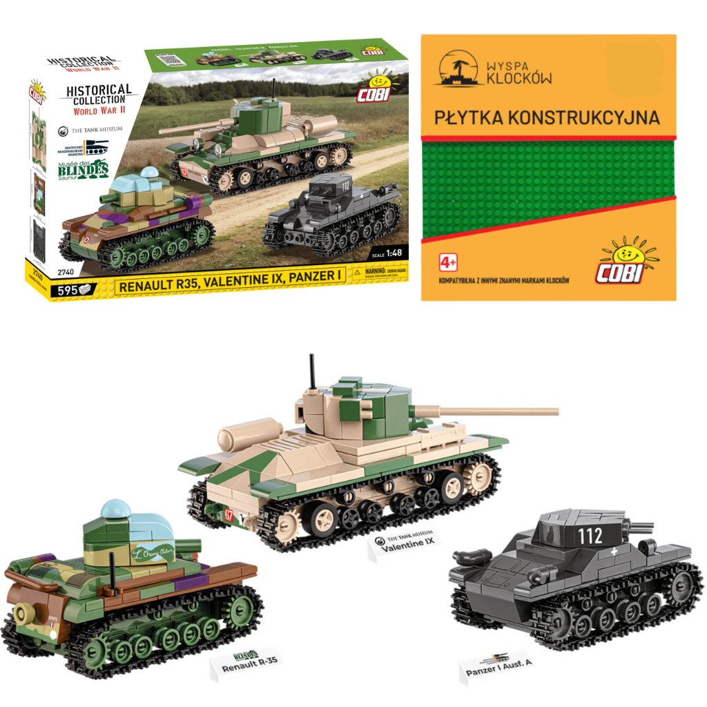 Cobi 2740 Czołgi Renault R35 - Valentine IX - Panzer I WW2 595 El. + PŁYTKA