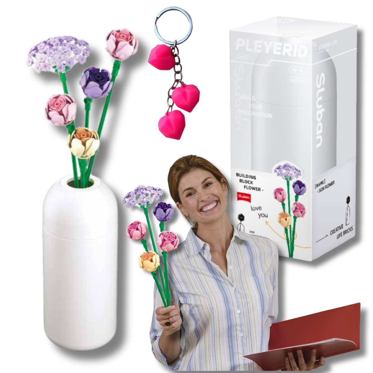 KLOCKI SLUBAN B1101-17 KWIATY W WAZONIE PIWONIE  198 El. + BRELOK SERCA