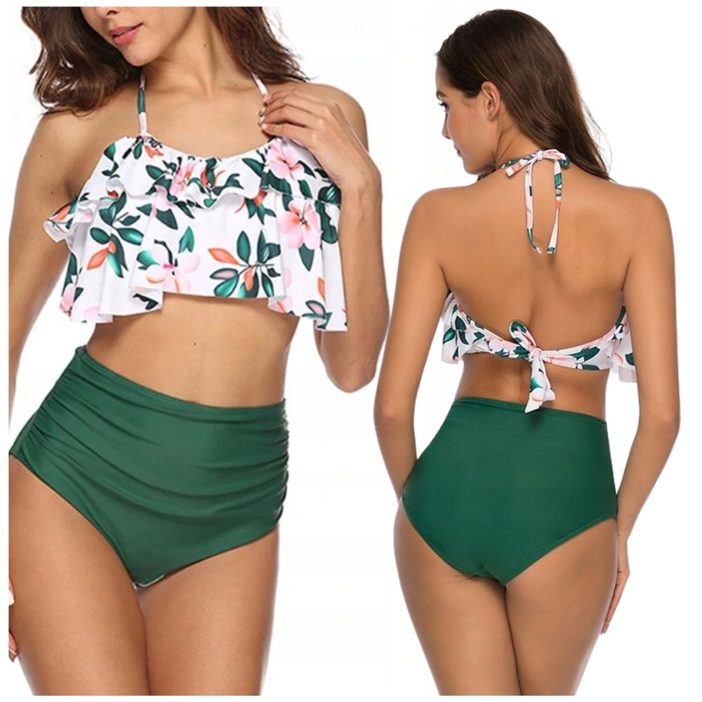 STRÓJ KĄPIELOWY BIKINI WYSOKI STAN FALBANKA KWIATY ZIELONY HISZPANKA PLAŻA L