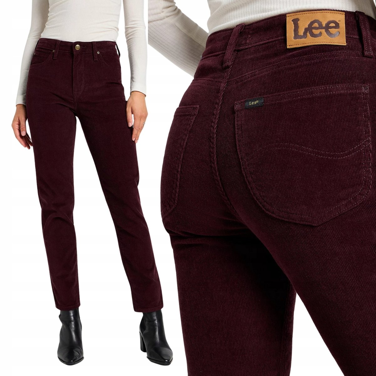 Lee CAROL REGULAR Velvet Beet MOM JEANS BORDOWE SZTRUKSY 7/8 W28 L33