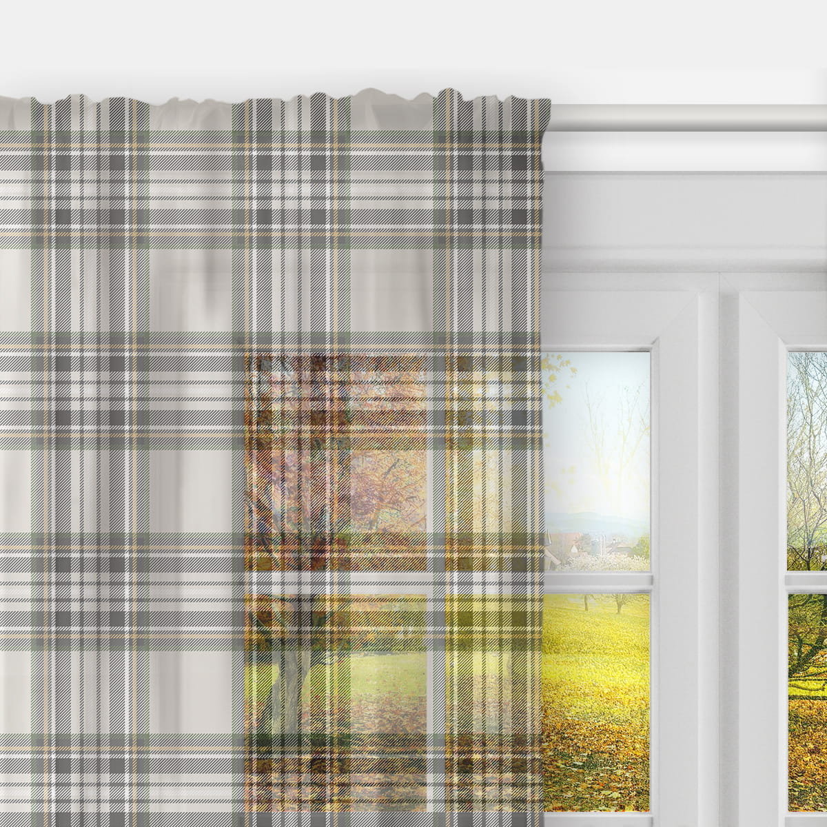 Firana AUTUMN wzór AT42 | kremowa jesienna krata 140 x 200 cm