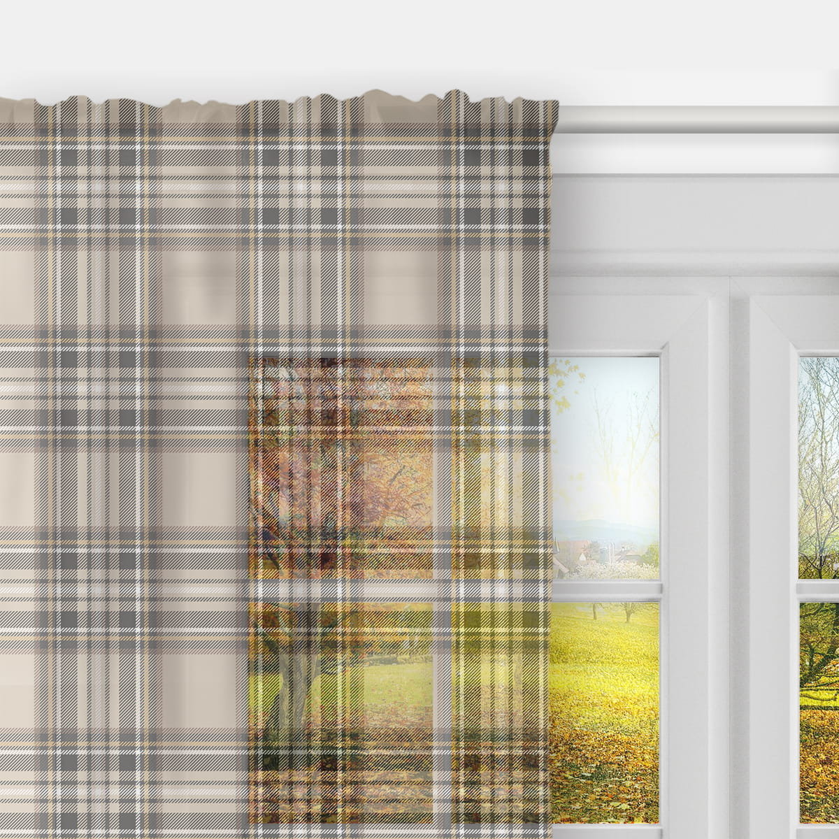 Firana AUTUMN wzór AT41 | beżowa jesienna krata 140 x 280 cm