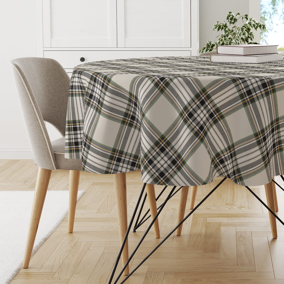 Obrus okrągły AUTUMN wzór AT42 | kremowa jesienna krata średnica 120 cm