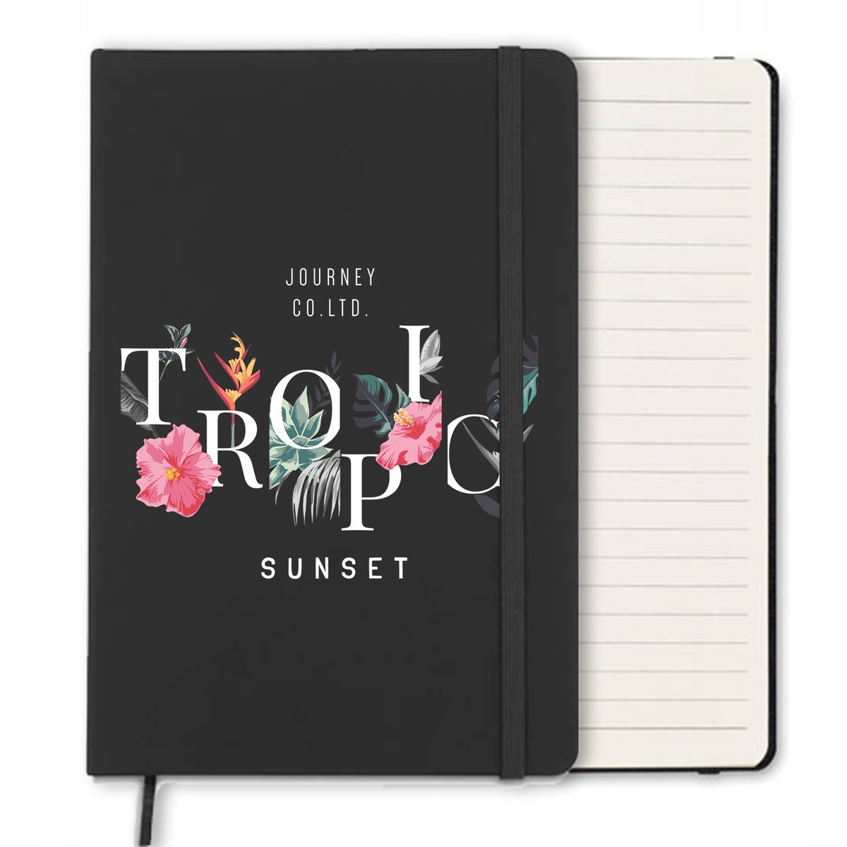 NOTES A5 CZARNY W Linie Gumka TROPIC KWIATY Wzory