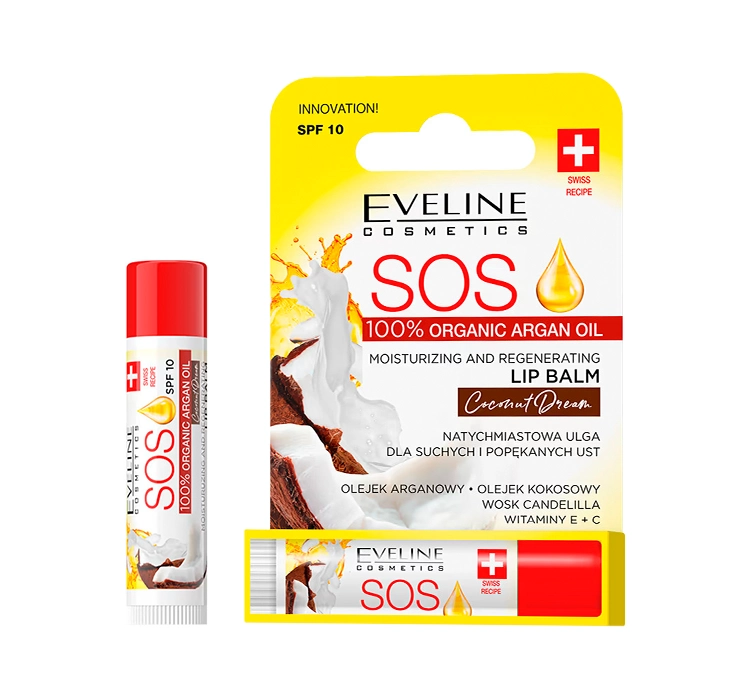 EVELINE SOS ARGAN OIL ODŻYWCZO-REGENERUJĄCY BALSAM DO UST SPF10 COCONUT DREAM