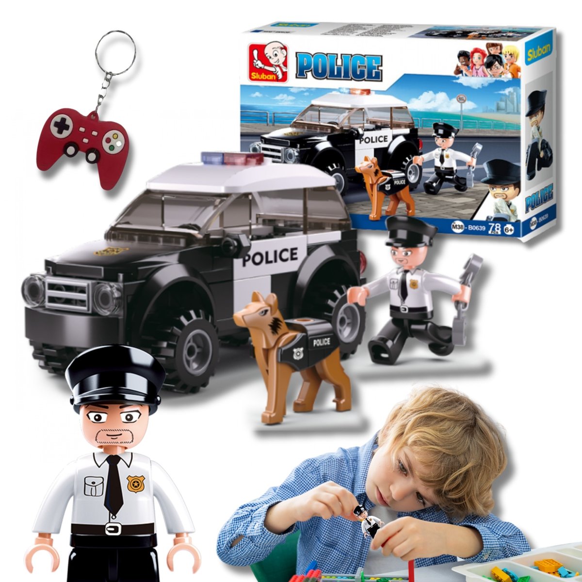 KLOCKI SLUBAN B0639 Radiowóz + Piesek POLICE 78 EL.  + BRELOK PAD GUMOWY (MIX WZORÓW)