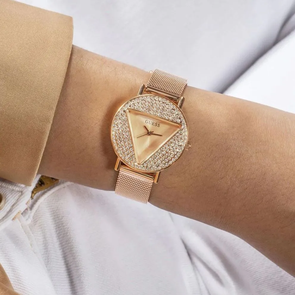 Guess Mini Iconic zegarek damski rose gold z bransoletką i kryształkami GW0671L3