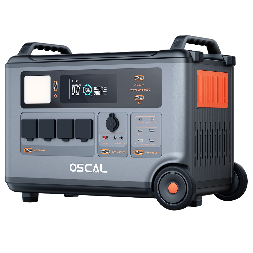 Wytrzymała stacja zasilania Oscal PowerMax6000 6000W, bateria LiFePO4 3600Wh na 57600Wh, 14 gniazd - Szary
