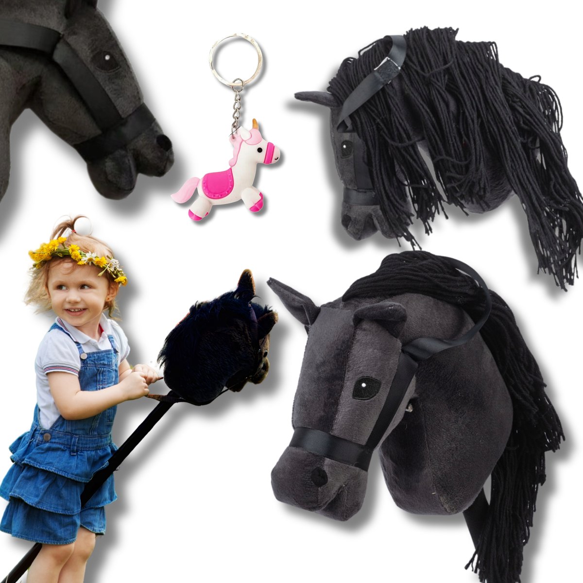 GŁOWA KONIA Z GRZYWĄ NA KIJU CZARNA Z DŹWIĘKIEM + BRELOK JEDNOROŻEC
