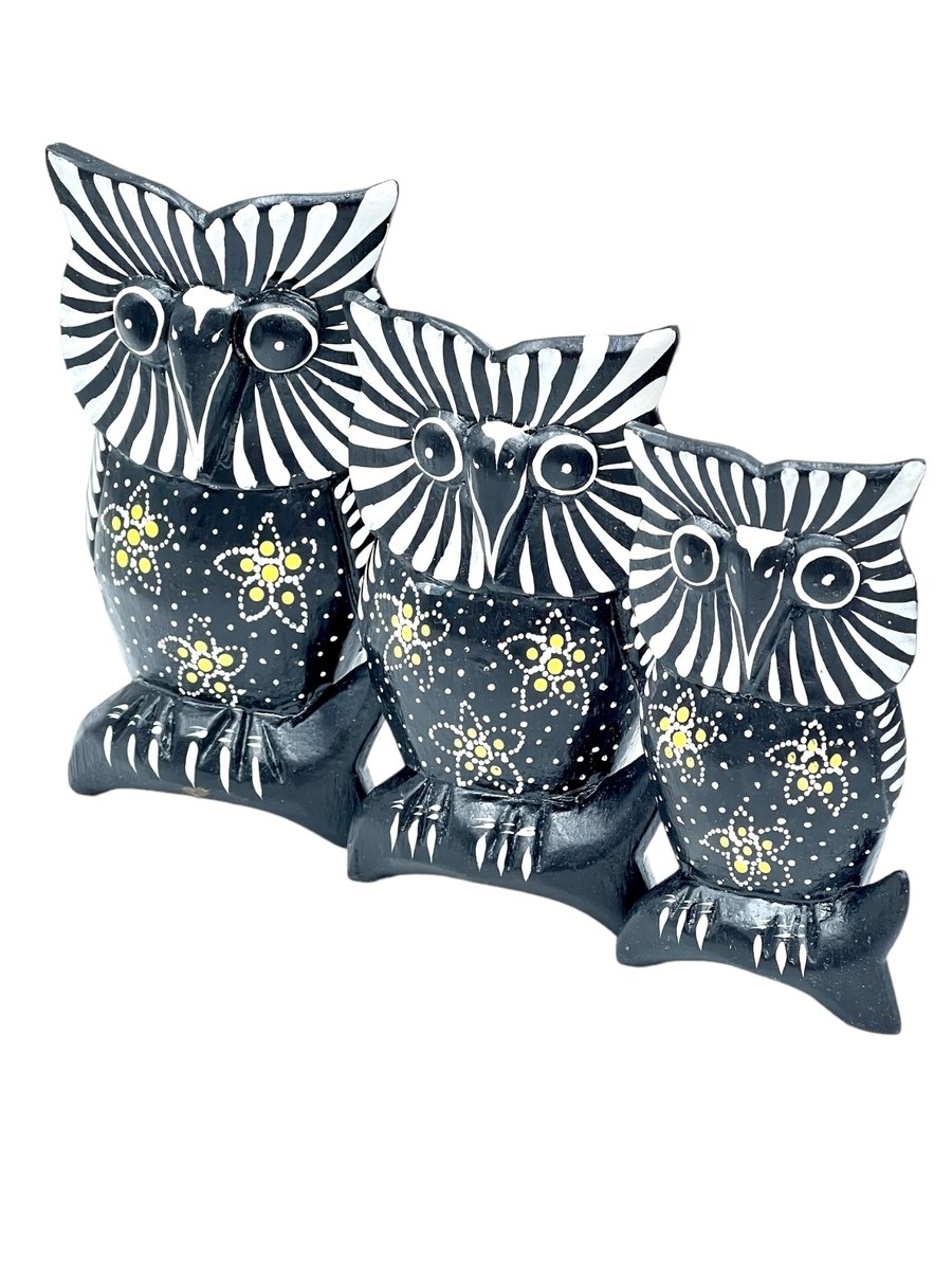 Sowa Drewniana Figurka Dekoracyjna Sówka Ozdoba Wnętrz Zestaw 3 Sztuk