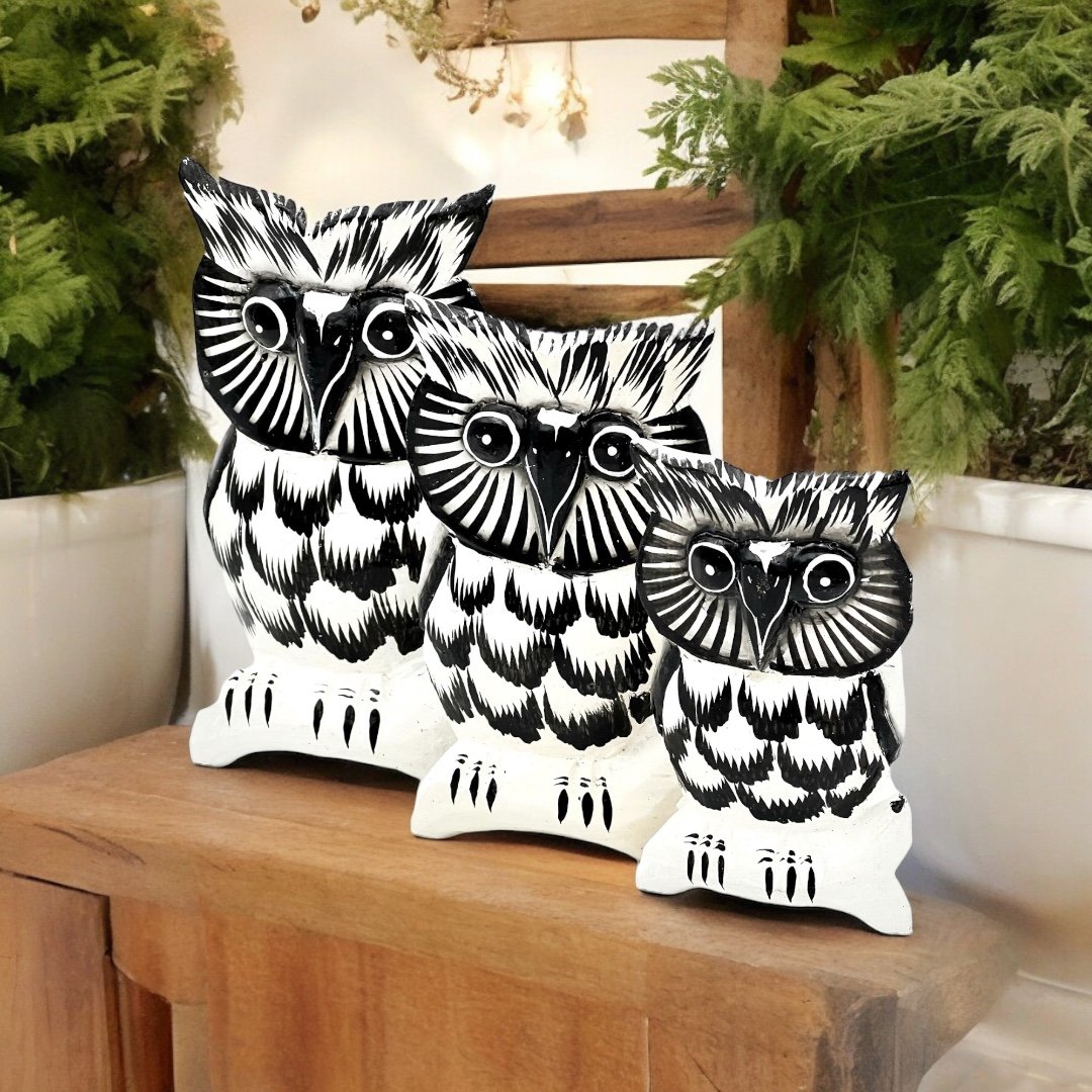 Sowa Drewniana Figurka Dekoracyjna Sówka Ozdoba Wnętrz Zestaw 3 Sztuk