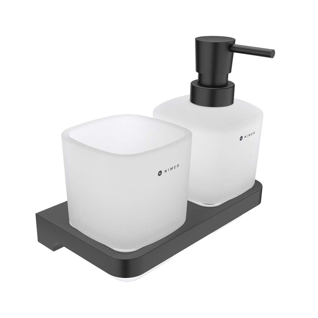 Nimco Maya - Dozownik mydła i kubek z uchwytem, szkło matowe/czarne MAC 2905831C-T-90