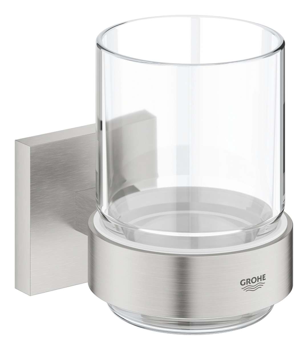Grohe QuickFix Start Cube - Sklanka na szczoteczkę i pastę do zębów, z uchwytem, szkło/Supersteel 41097DC0