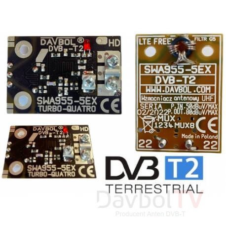 Wzmacniacz telewizyjny Davbol SWA955-5EX DVB-T2 LED 2024 - stabilny odbiór sygnału, uniwersalne zastosowanie, odporność na zakłócenia.