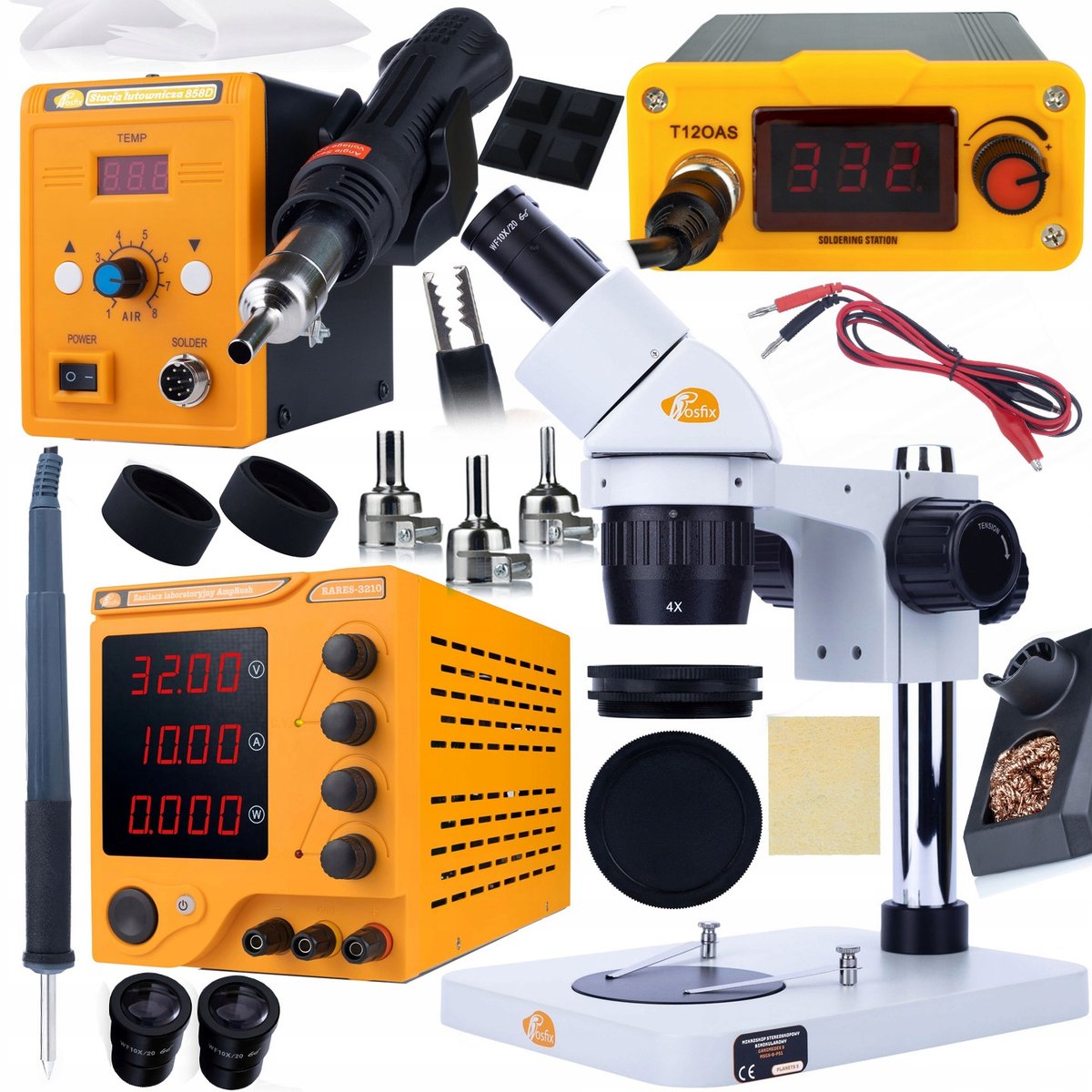 Rosfix Mikroskop stereoskopowy Binokularowy MSGS-B-PS1+ProTech Trio v1 (Stacja Hot-Air, Stacja lutownicza T12 zasilacz)