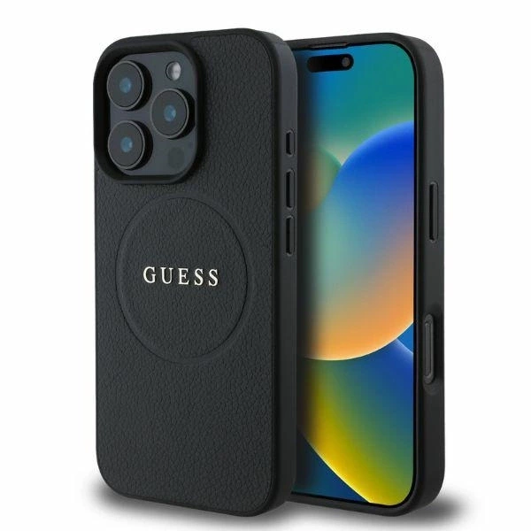 Etui Guess Grained Gold Ring MagSafe na iPhone 16 Pro - czarne