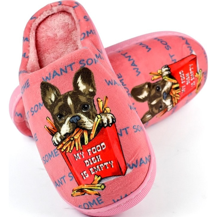 Kapcie Cieple Damskie z Psem Buldog Francuski i Frytki Papcie Różowe 36/37