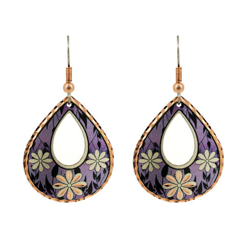 Kolczyki miedziane fioletowe w kształcie łezki z kwiatami F-42