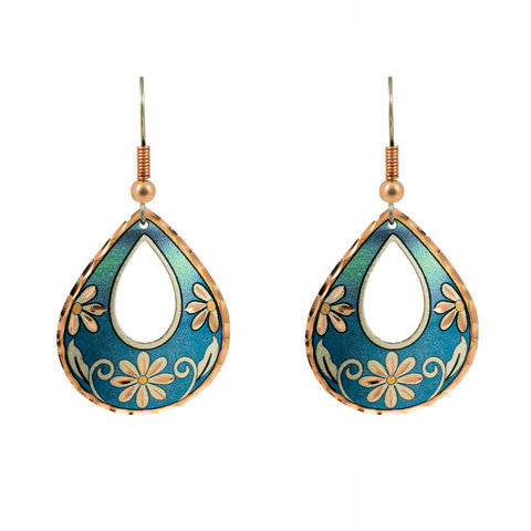 Kolczyki miedziane niebieskie łezki z białymi kwiatami F_43