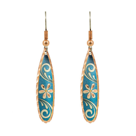 kolczyki miedziane łezki z białymi kwiatami TL-06