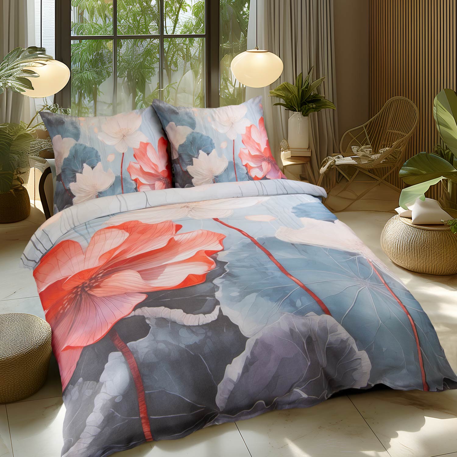 Pościel 180x200 satyna 3D szara Premium Czerwony Kwiat Darymex