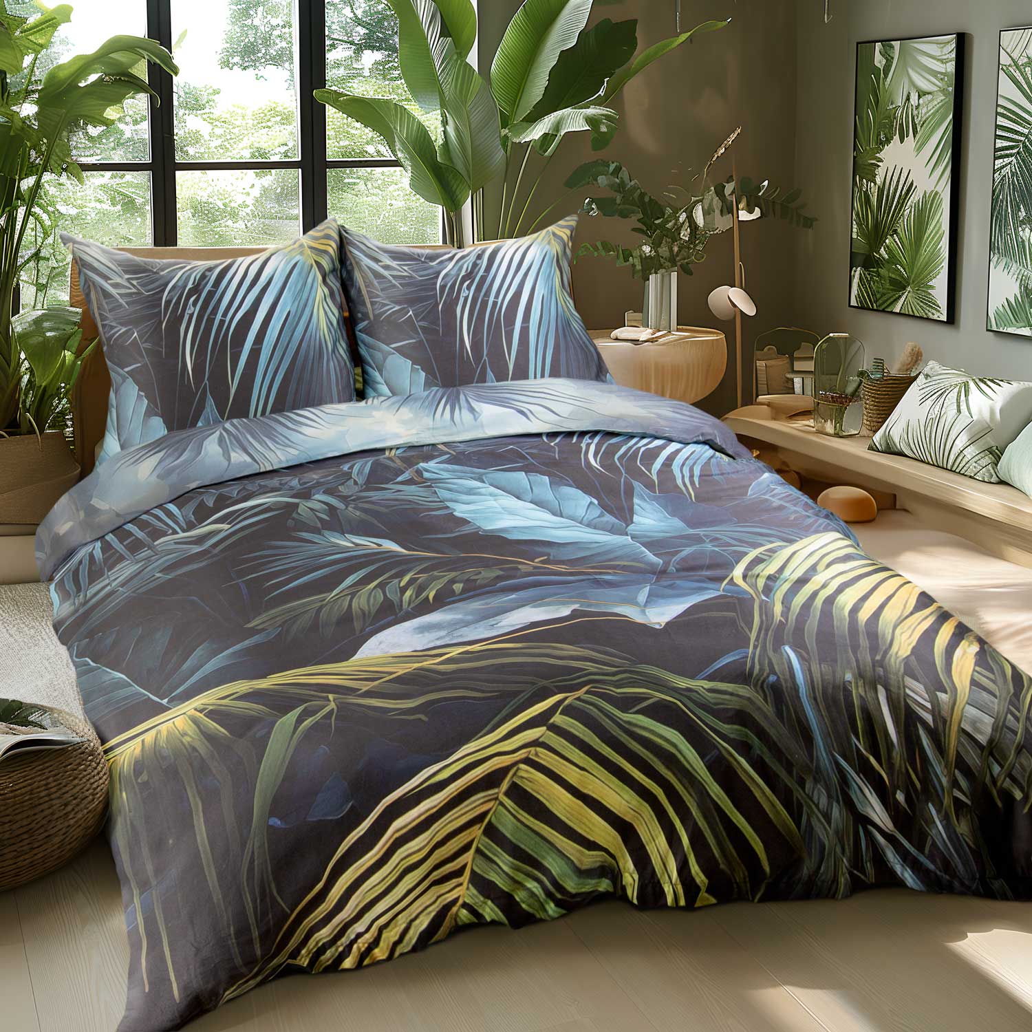 Pościel 160x200 satyna 3D ciemna Premium Liście Palmy Darymex