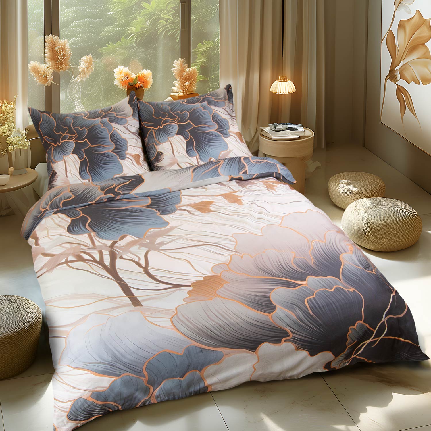 Pościel 160x200 satyna 3D beżowa Premium Szare Kwiaty Darymex