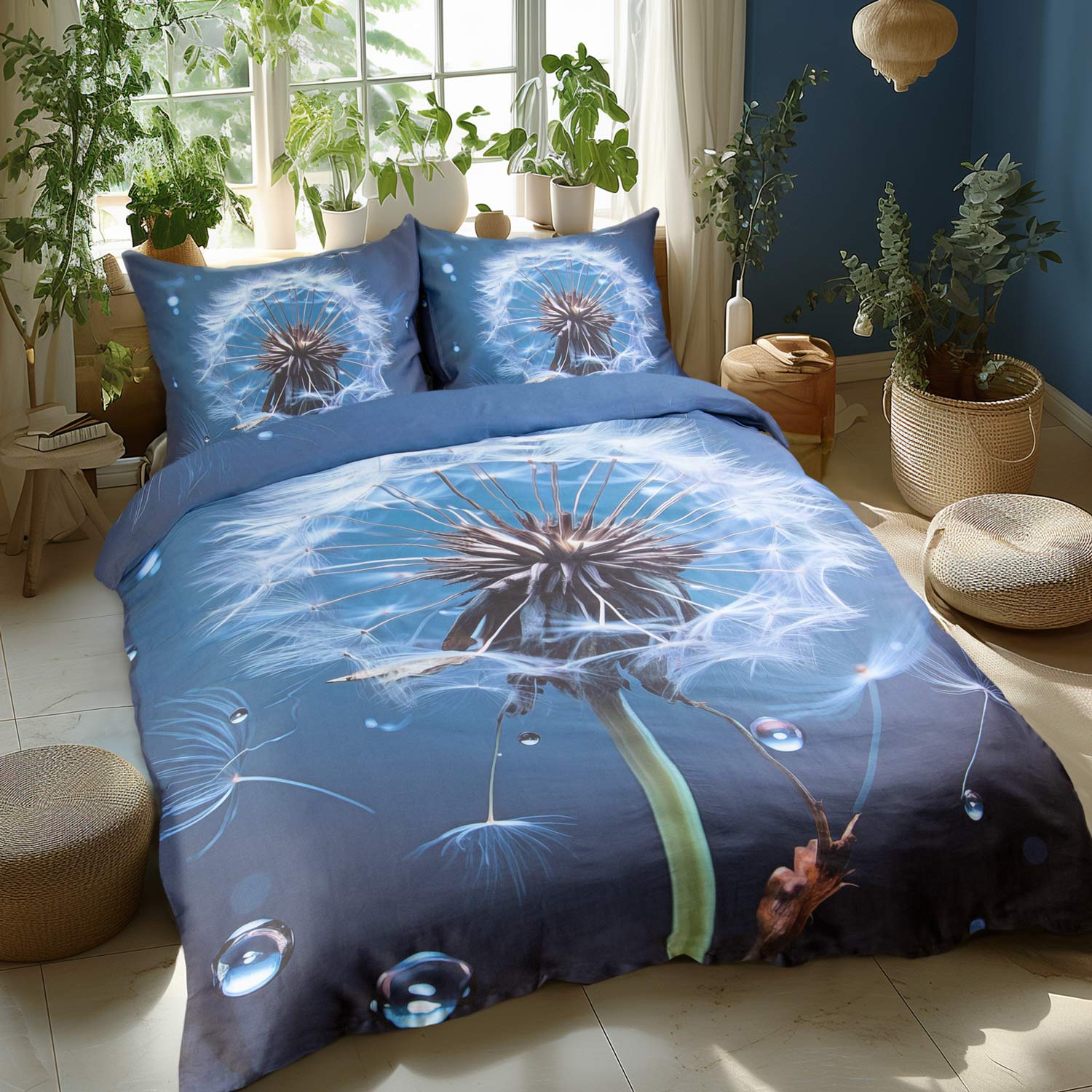 Pościel 180x200 satyna 3D niebieska Premium Duży dmuchawiec Darymex