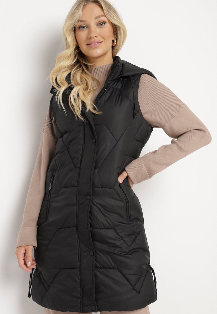 Czarna Pikowana Kamizelka z Odpinanym Kapturem i Ściągaczami Lorianvia