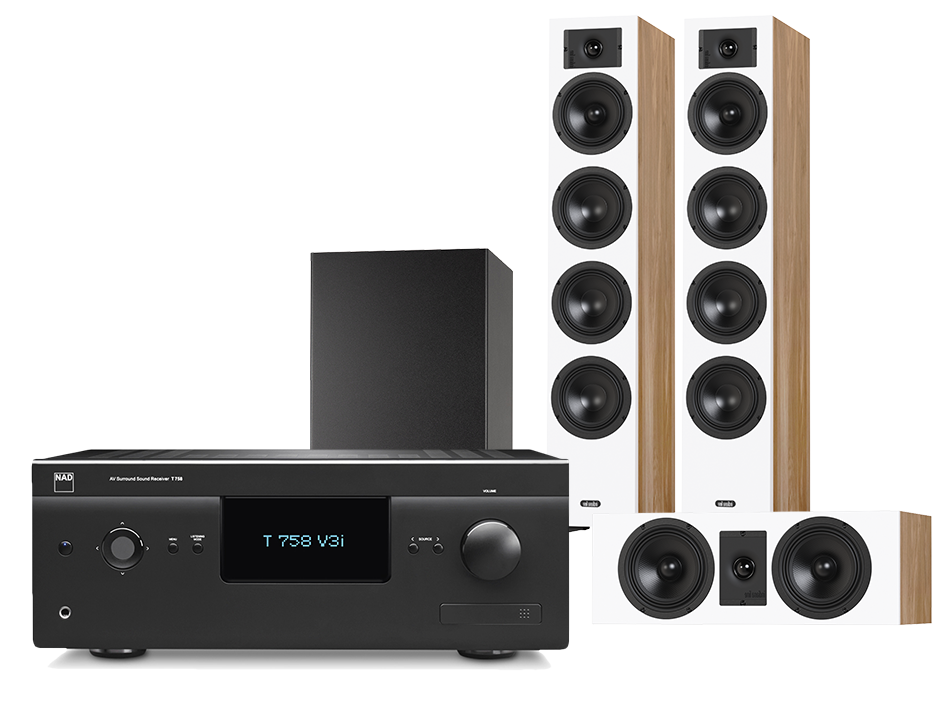 NAD T 758 V3i (czarny) + Diva 6 + 7 (dąb) + BASSO 880 (czarny)