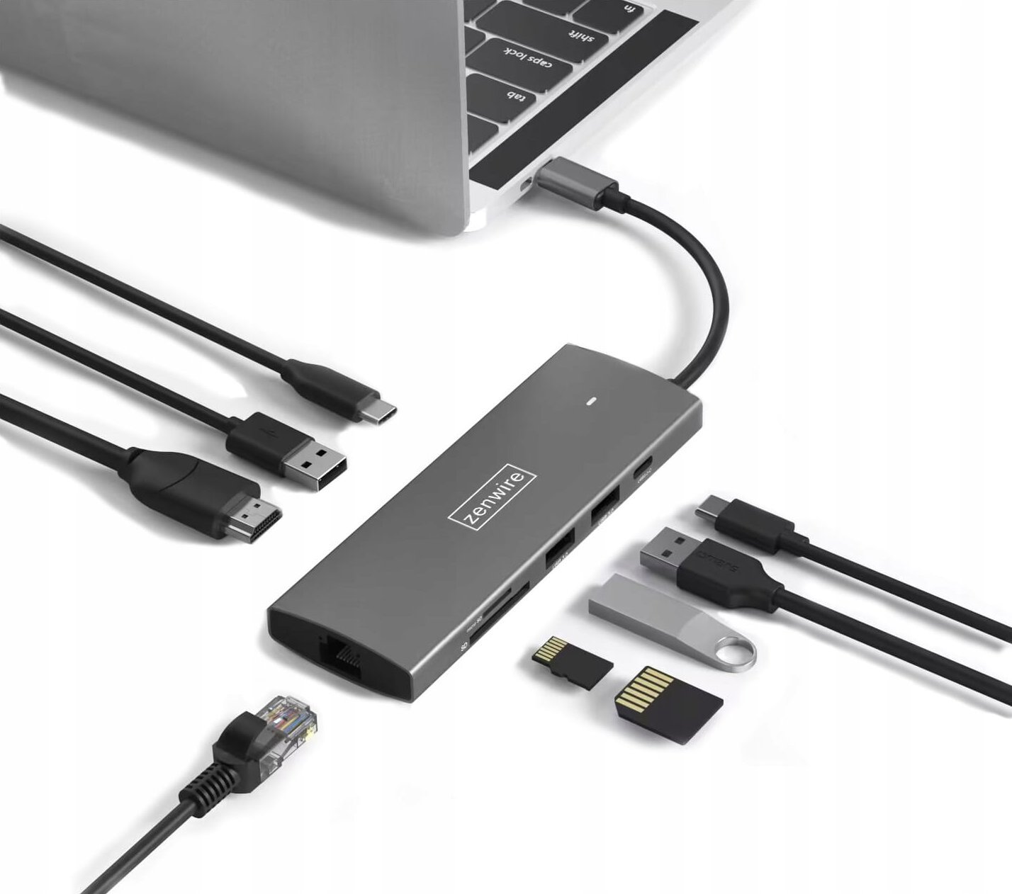 HUB USB Zenwire HUB USB-C 3.1 ADAPTER 9w1 HDMI 2.0 4K 60Hz Gigabit Ethernet 1000 MBps RJ-45 USB 3.0 Power Delivery 100W do Macbook M1 M2 oraz Windows