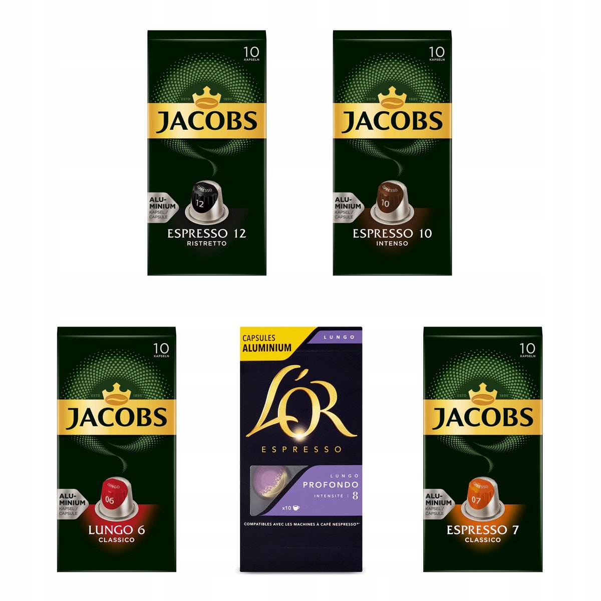 Kapsułki do Nespresso Jacobs Lungo 6, Espresso 7,10,12 L'Or Profondo 50 szt