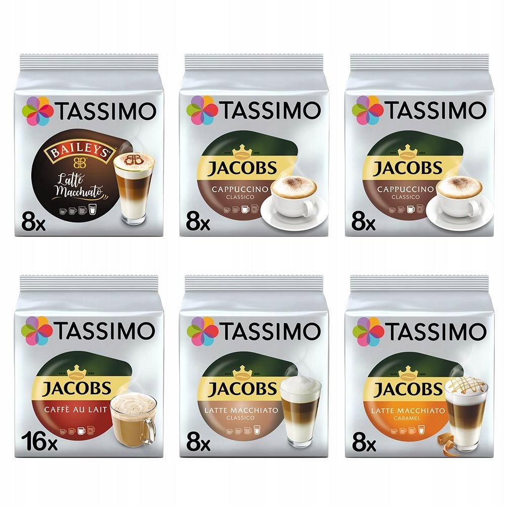 Kapsułki do Tassimo zestaw kaw mlecznych + latte machciatto carmel 56 kaw