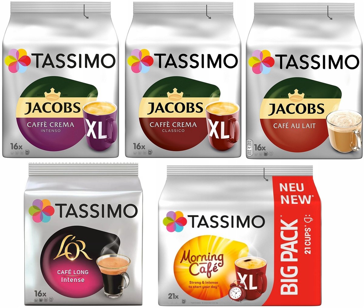 Zestaw 5x Kapsułki do Tassimo Jacobs kawy czarne XL i Cafe au lait 85szt