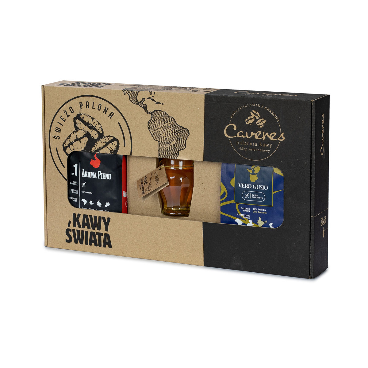Zestaw Prezentowy Caveres Aroma i Vero + miód Łysoń wielokwiatowy Kawa ziarnista 500G