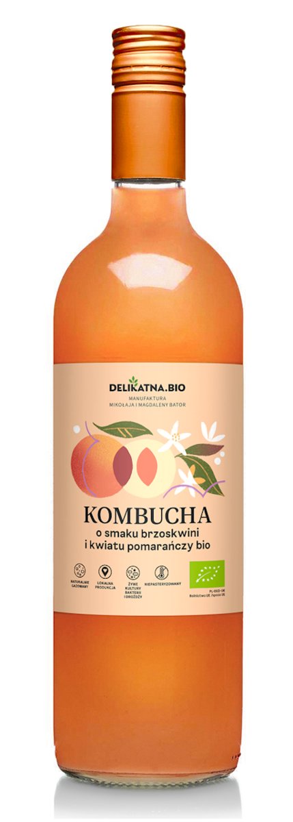 KOMBUCHA O SMAKU BRZOSKWINI I KWIATU POMARAŃCZY BIO 750 ml - DELIKATNA (ZAKWASOWNIA)