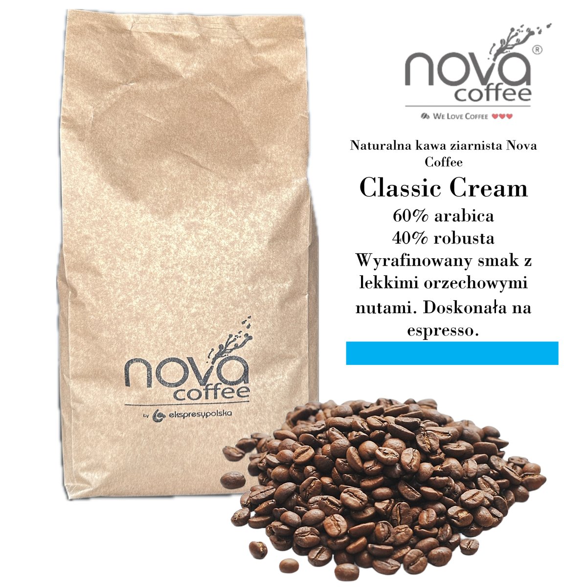 NATURALNA KAWA ZIARNISTA nova COFFEE Classic Cream 60% arabica, 40% robusta 1kg