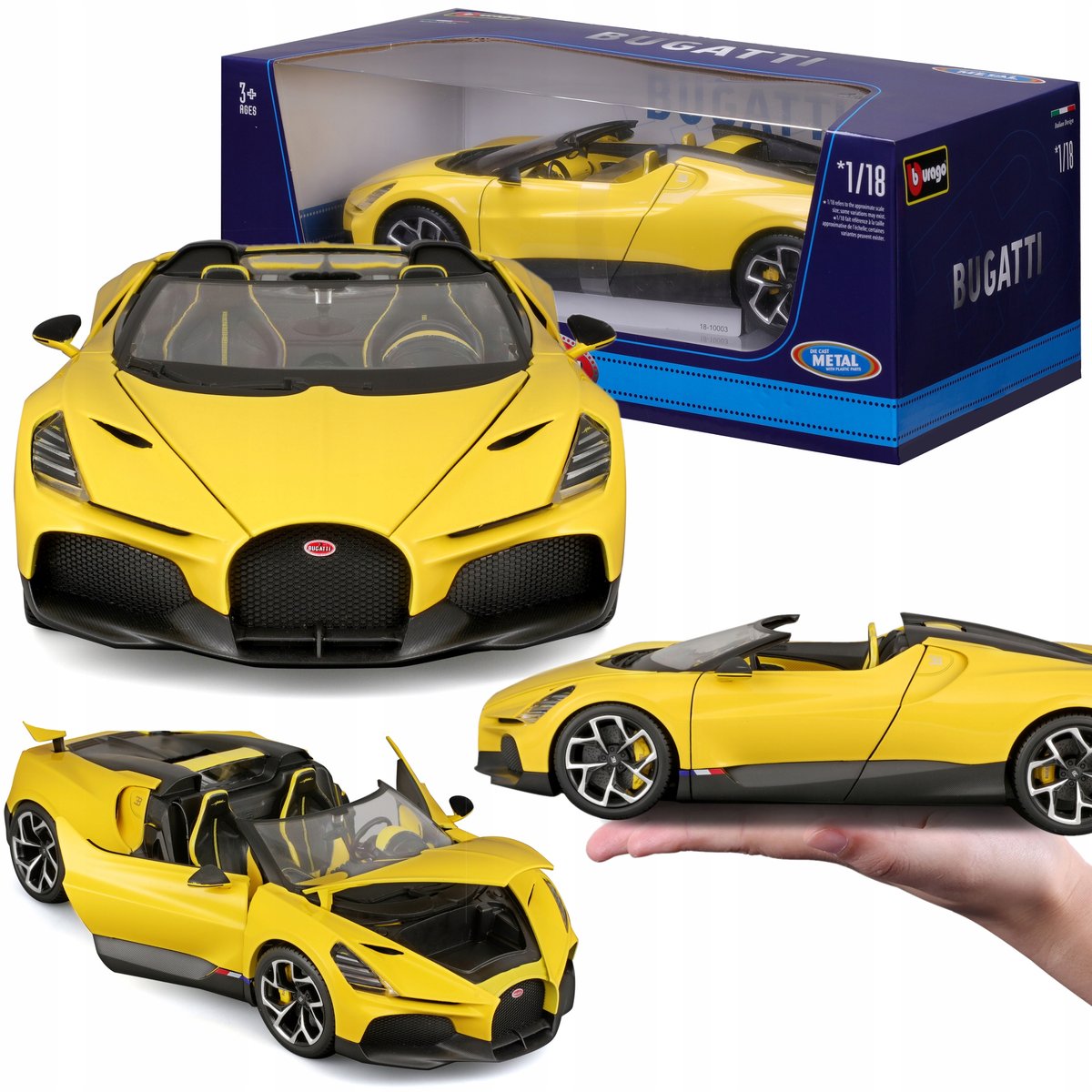 Bugatti Mistral W16 1:18 Bburago 18-11051 ŻÓŁTY ROADSTER SPORTOWY SAMOCHÓD
