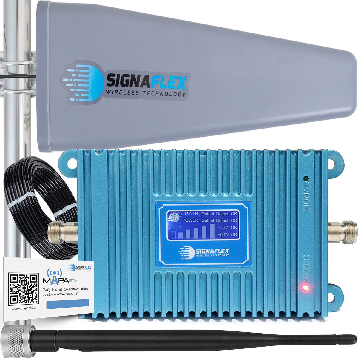 Zestaw Wzmacniacz Zasięgu Sygnału Telefonu Internetu Komórkowego GSM Blue LCD GSM980 + Antena T2 23dBi 10m + Bat