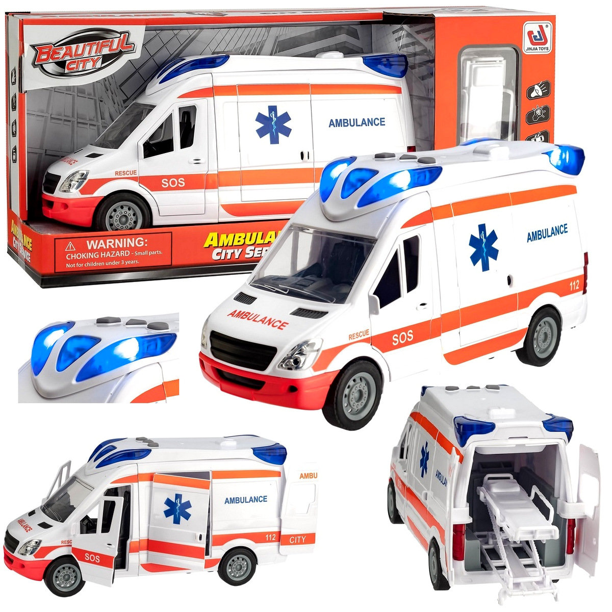 Auto Karetka Pogotowia Ambulans Van bus Napęd Dźwięki Otwierane Drzwi z noszami